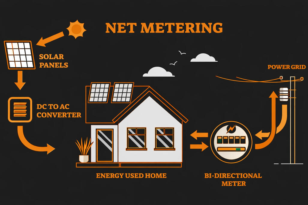 Net metering diagram showing solar panels, home electricity use, a bidirectional meter and the utility grid