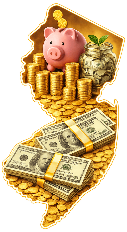 New Jersey outline with savings imagery representing state solar incentives